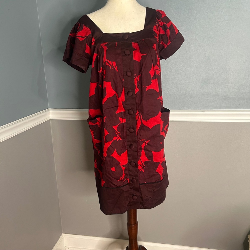 French‎ Connection Floral Print babydoll Dress Pockets Button Front Red Brown - Picture 4 of 8